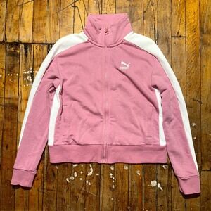 Puma Track Jacket Womens Medium Pink White Embroidered Logo Long Sleeve Full Zip